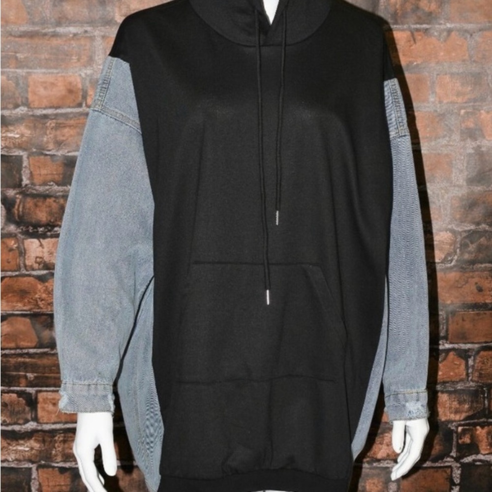Black and Denim Hoodie with Denim Sleeves